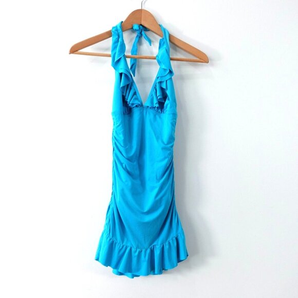 KENNETH COLE Swimsuit Small Skirted One Piece Ruched V Neck Open Back Ruffle - Picture 2 of 13